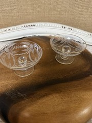 Set of 2 Clear Etched Floral Sherbert Glasses Round Stemmed Glass