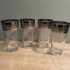 4 Dorothy Thorpe Style Highball Glasses Vintage w/ Silver Band, Geometric Design