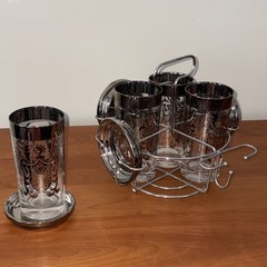 MCM Kimiko Coat Of Arms Barware Set W/ Tumblers/Caddy/Coasters. Silver & Chrome.