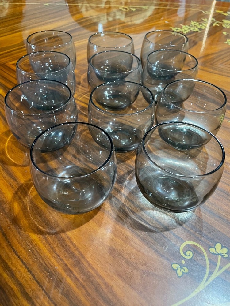 Vintage Smoke Gray Roly Poly Mid-Century Drinkware 3 inches Glasses Set of 11