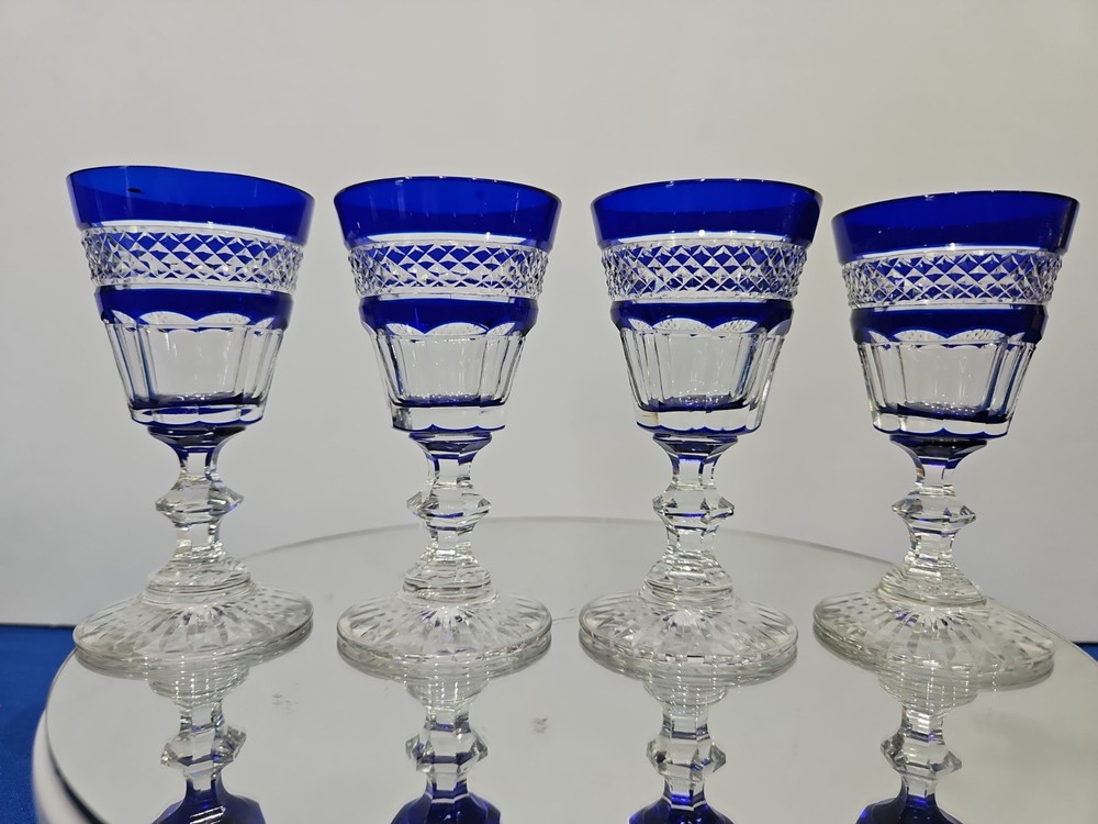 4 Cordials Glasses Cobalt Blue Cut to clear Crystal Trianon type design st Louis