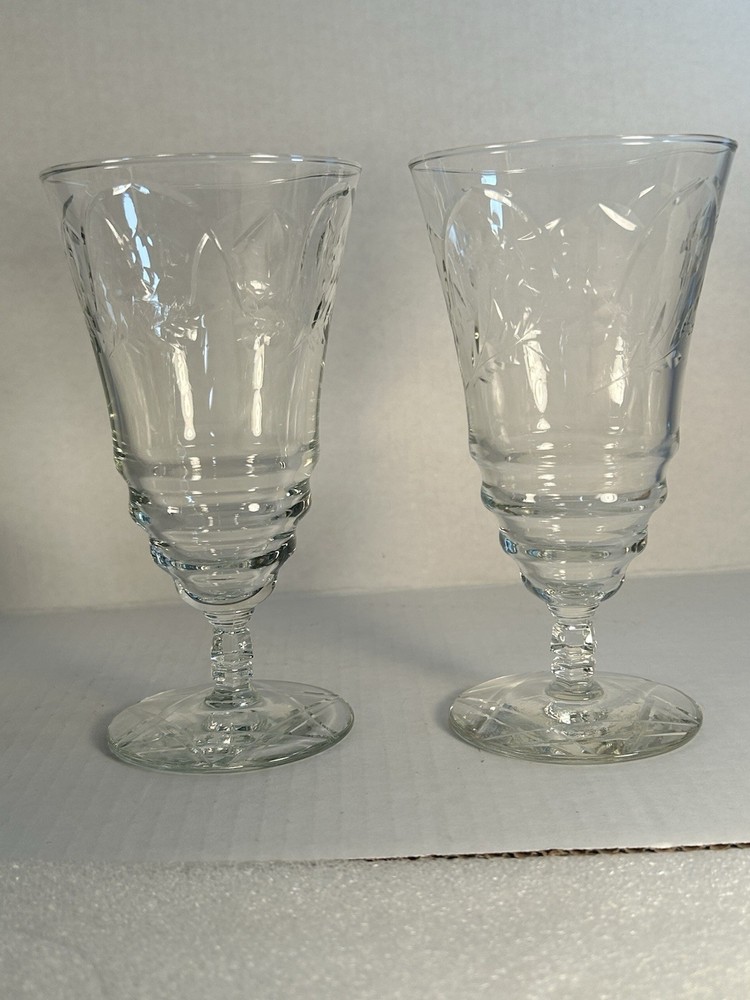 Vintage Normany Pattern Libbey Clear Drinking Glass Geometric Star Pedestal Base
