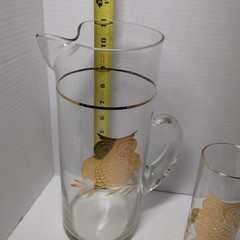 VTG MCM West Virginia Gold Foil Owl On Branch Cocktail Pitcher W/Glasses