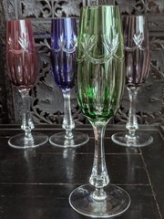Vtg Ajka Rene Green Cut Clear Bohemian Crystal Champagne Flute Stemware Glass