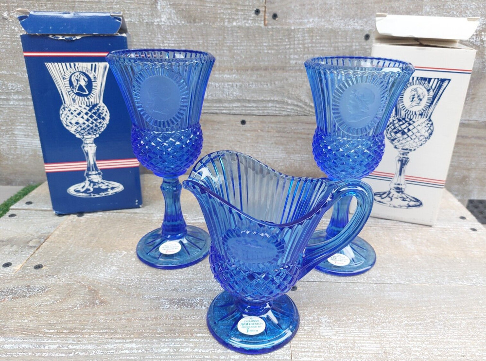Avon 1976 Fostoria Cobalt Blue Goblets Geo/Martha Washington & Mt Vernon Creamer