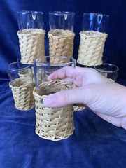 2 Vintage Rattan Wicker Glasses Tumblers Cocktails Boho Rustic UNIQUE ITEM Set/2