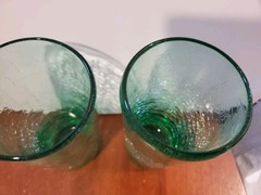 Pair of Blown green crackle glass tumblers, 6″ tall, very pretty 5C