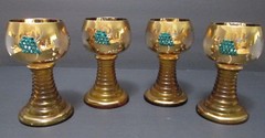 5 Bohemia Art Glass WINE GOBLETS Gold Clad & Jewel Encrusted Amber Roemer Stems