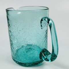 Vintage Crackle Glass Turquoise Aqua Blue Pitcher 6″ Applied Handle Hand Blown