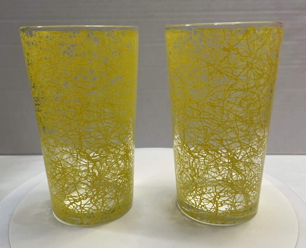 2 Vintage 1960s Hazel Atlas 5″ Lemon Yellow Spaghetti String Tumblers – NEW