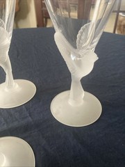 4-Sasaki Crystal Goblets with Frosted Doves Birds by Etuso Yamagishi