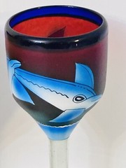 Mexican Hand Painted Hand Blown Wine Goblets Cobalt Blue Dolphins- Set of 2