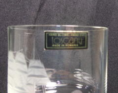 Vintage Pair of MCM Etched Clipper Ship Toscany Crystal Whiskey Footed Glasses