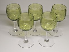 Set Of 5 Fine Etched St. Louis? Crystal Green Optic Ribbed Wine Glasses