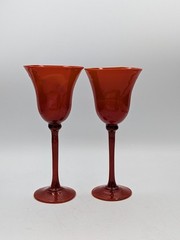 2 MCM Murano ? End of Day Marble Swirl Red Orange Blown Art Glass Wine Glasses
