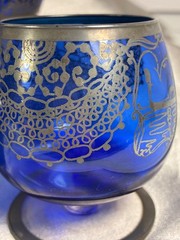 Vintage Cobalt Blue Silver Overlay Cordial Glasses Set of 5 Mid Century Barware