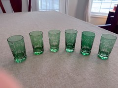 6 Bohemian Green Cut to Clear Mini Tumblers 3.25” Tall