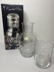 Hand Cut Crystal Etched Flowers Bedside Carafe & Tumbler 2-Piece Set NEW Turkey