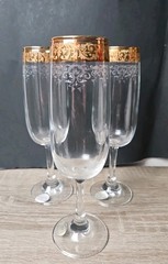 Set Of 3~ VTG Cellini Champagn Glasses Italy Etched Crystal 24k Gold Rim C9N1