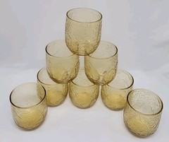 SET OF 8 MCM ANCHOR HOCKING SHERWOOD HONEY EMBOSSED LEAF DESIGN TUMBLER GLASSES
