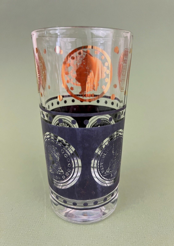 Mid Century 22K Gold Black Coins Theme Highball Glasse Flat Tumbler 5 5/8»