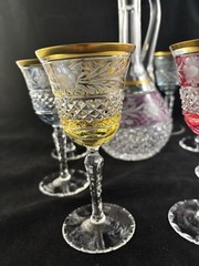 Ebeling and Reuss Hand-Blown German Crystal Decanter Set 8 Colorful Wine Glasses