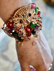 Large Goldtone Colorful Rhinestones Owl Openwork Hinged Bracelet #8238