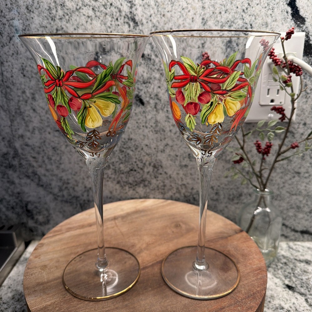 Vintage Lot 2 Romanian Venetian Hand Painted Fruit Wine Glasses 22K Gold Trim JG