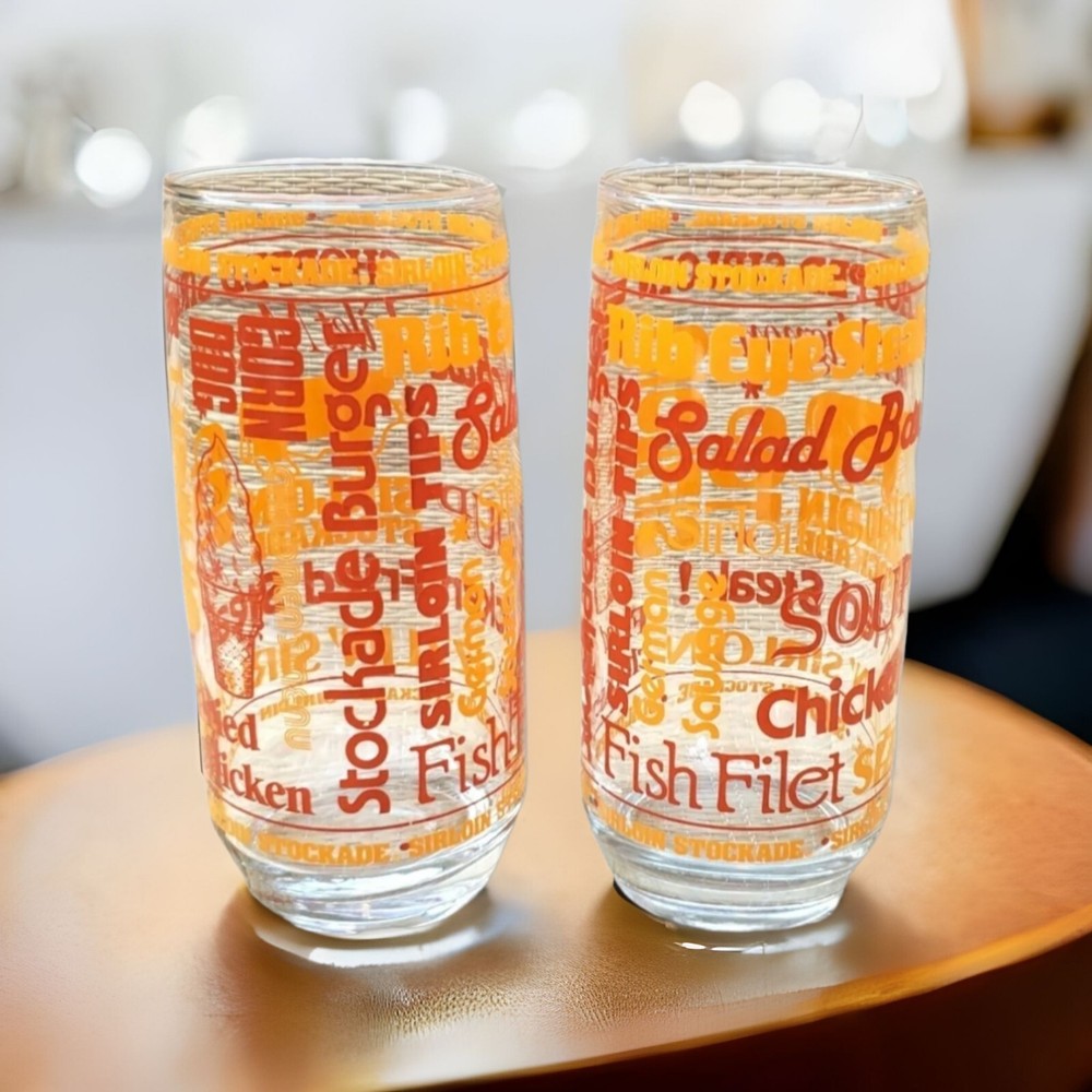 Vtg Sirloin Stockade Restaurant Glasses 7″ Tumblers Set of 2 Bull Orange Red