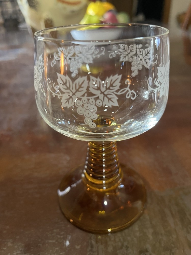 Vintage Golden Amber Bee Hive Stem Grape Motif Wine Goblet