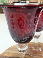 Vintage Large Red & Clear Glass Goblets, Etched White Filigree, set of 3, EUC