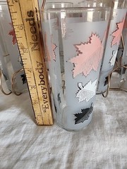 MCM 8 Frosted Libbey Pink/White Foliage Tumblers/Glasses w/ Metal Carrier