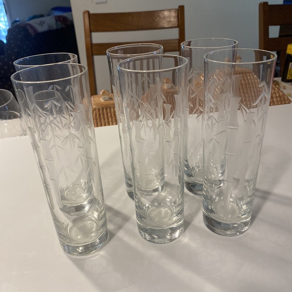6 Vintage Noritake Sasaki Bamboo Tiki Etched Tom Collins Glasses 7” Tall