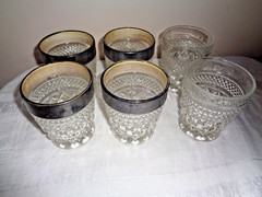 Vintage set of 6 Kingsford Crystal drinking Glass Tumblers w Silver Band 10 OZ