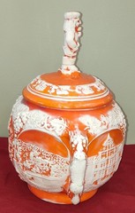 VINTAGE Orange Mold Glazed Stoneware Germany Ceramic Punch Bowl with 4 Mugs