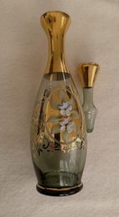 Vtg Venetian Green Decanter 6 Cordial Glasses 24K Gold trim Hand painted Flowers