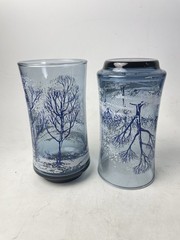 VTG Pair Libbey Glass Water Glasses Blue, White 12oz Winter Snow Scene D Cheviot