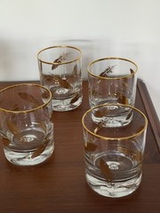 4 VTG 1953-1978 Libbey Whiskey Glasses Gold Feather Design Gilded Rim 4″H 3.25″D
