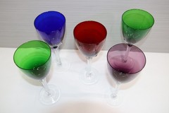 5- Murano Tall Hand Blown Tulip Clear Stem Wine Glasses, Water Goblets, Italian