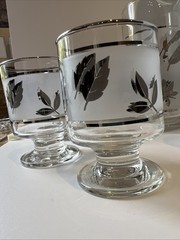 Atomic Era MCM Silver Leaf Frosted Glass Pitcher +4 Goblets VTG Cocktail Bar Set