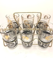 Vintage MCM Set of 6 Libbey Coins Black & Gold Glass Set W/Gold Holder