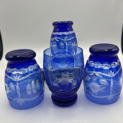 Vtg Edo Kiriko Cobal Blue Set of Four Water Tumblers Glasses. 4” tall. See pics.