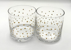Contemporary Clear Glass Decanter & Two Old Fashion Glasses Gold Dots