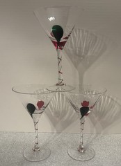 Pier 1 Imports, Optic Red & Green Swirls, Martini Glasses, Hand-blown (3) Disc.
