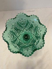 Vintage Green Kemple Glass Challice Goblet Hobstar Pattern Sawtooth Edge 9 3/8″T