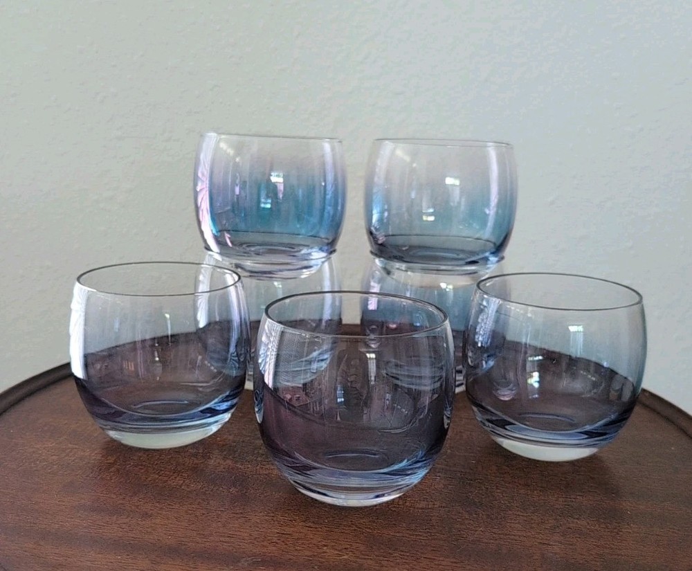 Vintage 1970s Lot Of 7 Roly Poly Federal Glass Blue Purple Iridescent 3.25″T ⭐