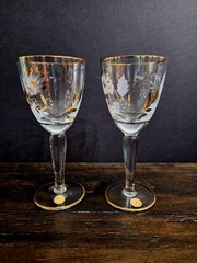 Romanian Cordial Glasses Gold Leaves – Etched Flowers -Set Of 2 – 6.5″H