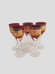 5 Bohemian Ruby Red Gold Gilded Crystal Cordial Wine Glasses