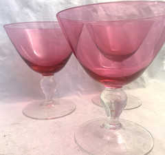 Vintage Cranberry Pink Glass Clear Ball Stem Champagne Sherbet Set-3