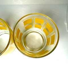 MCM Libbey Yellow Square Geometric Pattern Whisky Glasses Pair Set 3×3”